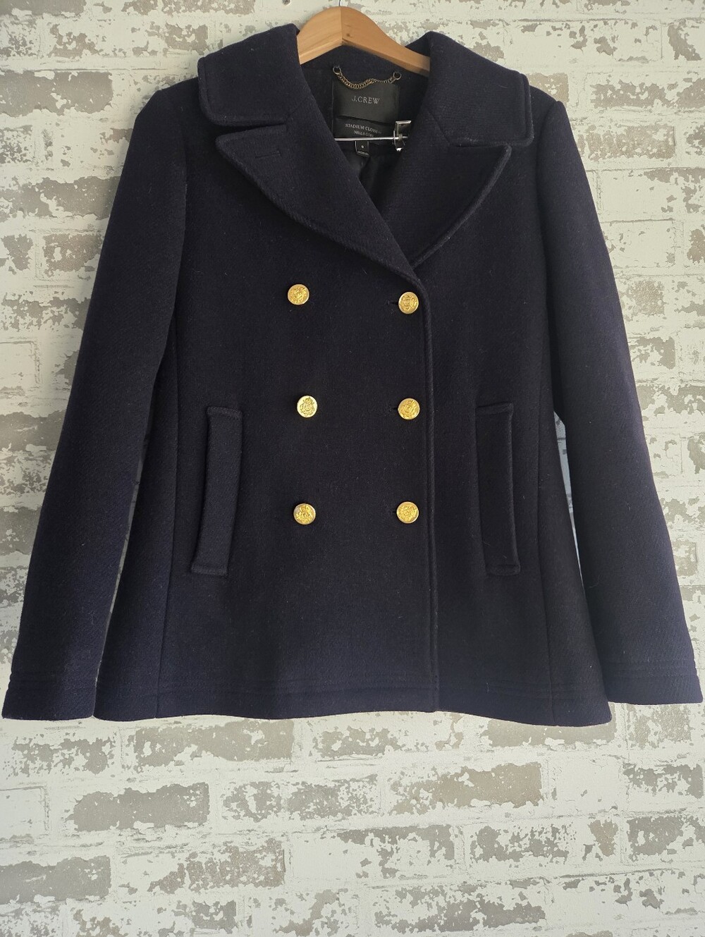 J.Crew Majesty Peacoat 8 Dark Navy Blue Stadium Cloth Wool Nello Gori Gold Butto